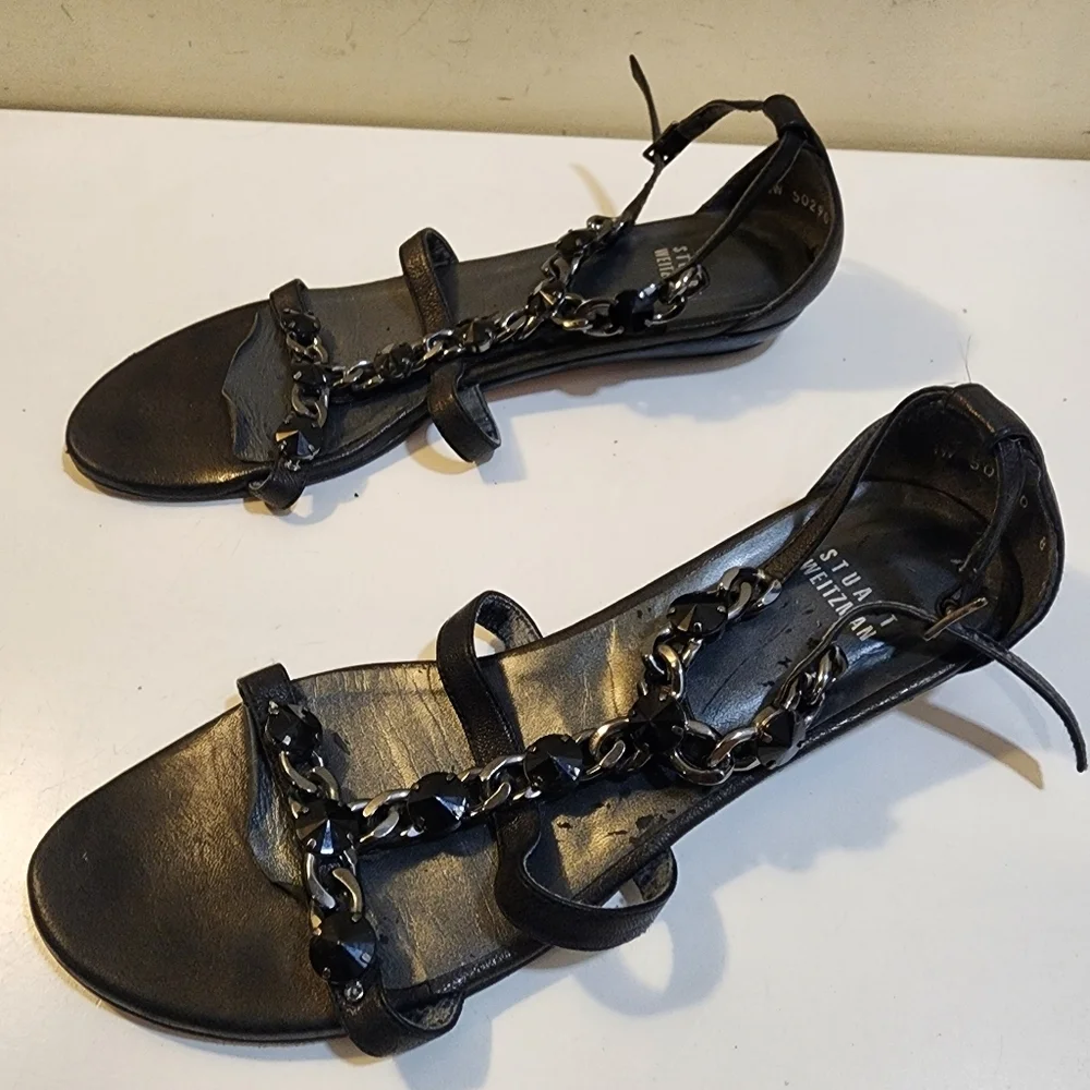 Stuart Weitzman Black Chain Strap Sandals Size 8
